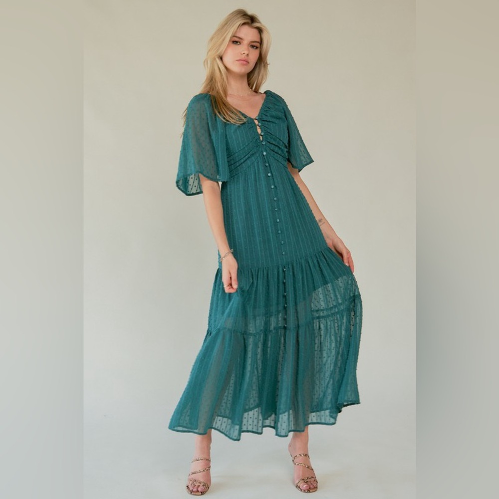 🟠 97B. Swiss Dot Ruched Bodice Open Back Tiered Midi Dress - Green